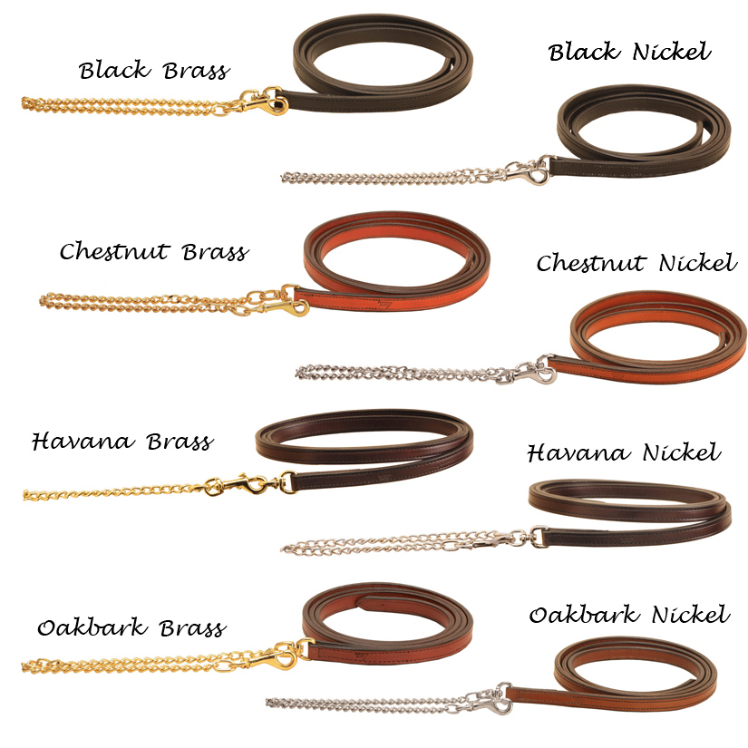 Double ply bridle leather horse halter that has 3/4 inch leather and a 24 inch fine plated brass or nickel silverchain.