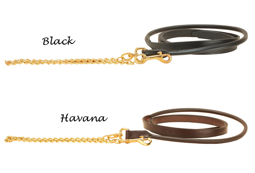 Partial rolled 3/4" bridle leather lead with 2’ from the snap rolled and a 24" fine brass chain. 