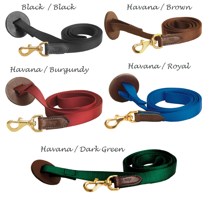 Nylon horse lead with leather, snap end and a leather butt plate. Multiple colors to choose from.