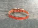 Leather dog collar with dog's name and phone number engraved on collar.