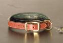 Laser engraved padded leather dog collar Oakbark with Green back. Text is engraved right onto the leather color.