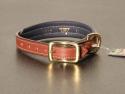 Laser engraved padded leather dog collar Oakbark with Navy back. Text is engraved right onto the leather color.