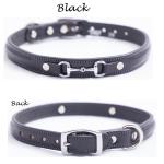 Black raised leather snaffle bit dog collar with a silver snaffle bit.