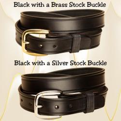 Black creased leather belt with a brass or silver buckle.