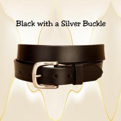 Black English bridle leather belt with a silver belt buckle.