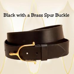 Black leather belt with a brass English spur buckle.