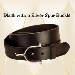 Black leather belt with a stainless steel English spur buckle.
