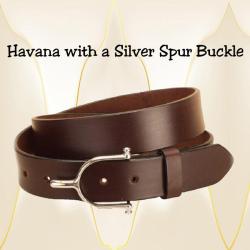 Havana leather belt with a stainless steel English spur buckle.