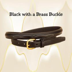 Black raised leather belt with fancy stitching.