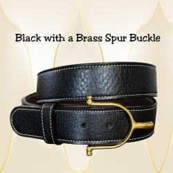 Milled English bridle black leather spur buckle belt with edge stitching.