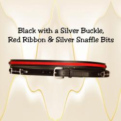 Snaffle bit ribbon black leather belt with a silver buckle.