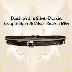Snaffle bit gray ribbon black leather belt with a silver buckle.