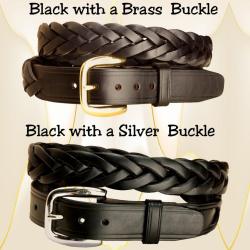 Black bridle leather braided belt with your choice of a brass or silver buckle.