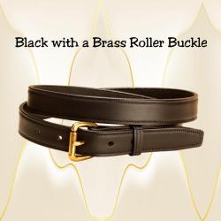 Black leather edge stitched belt with a roller buckle.