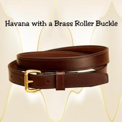 Havana leather edge stitched belt with a roller buckle.