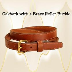 Oakbark leather edge stitched belt with a roller buckle.