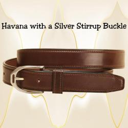 Havana leather English stirrup belt with a silver stirrup buckle.