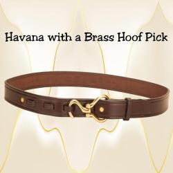 Havana leather hoof pick belt with a brass hoof pick.