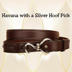 Havana leather hoof pick belt with a silver hoof pick.