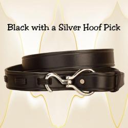 Black leather hoof pick belt with a silver hoof pick.