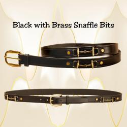 Black leather snaffle bit belt with brass snaffle bits.