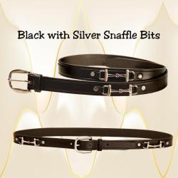 Black leather snaffle bit belt with silver snaffle bits.