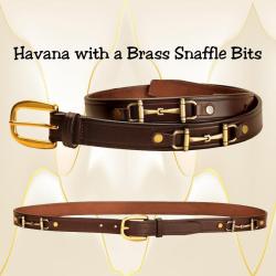 Havana leather snaffle bit belt with brass snaffle bits.