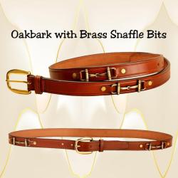 Oakbark leather snaffle bit belt with brass snaffle bits.