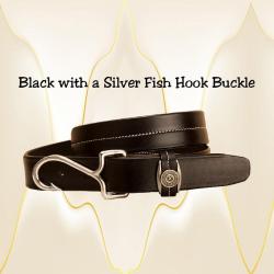 Fish hook buckle on a black bridle leather belt that is 1 1/4