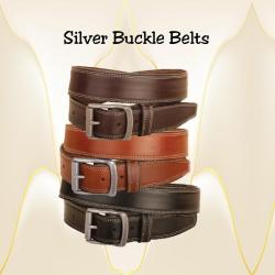 Leather double row edge stitched belt with silver belt buckles.