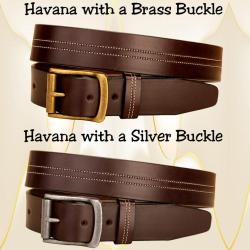 Havana leather center stitched belt with an antique roller buckle.