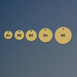 Personalized brass circle hang down dog collar tag.