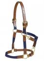 Navy cotton webbing with oakbark colored leather horse halter.