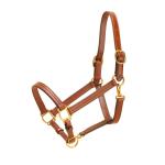 Oakbark traditional triple stitched leather horse halter with wheat colored stitching, flat throat snap, adjustable chin and solid brass hardware. 