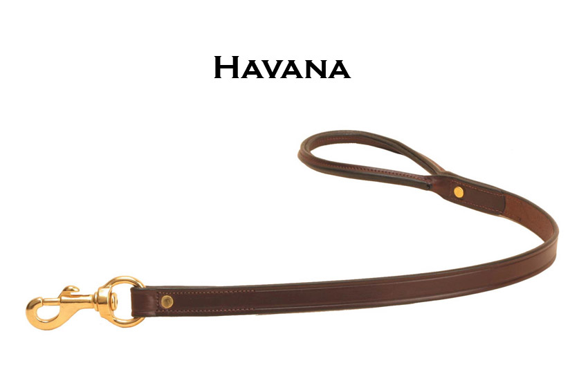 Havana leather dog leash with a rolled handled and solid brass hardware.