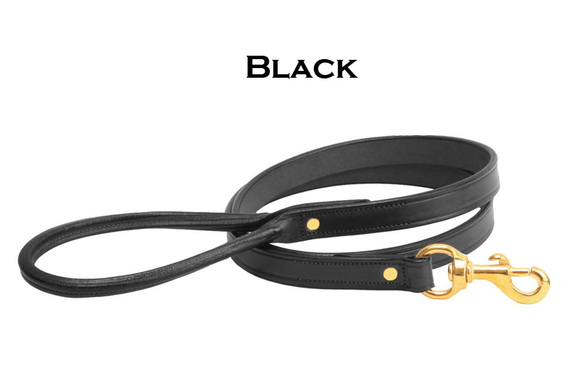 Black 4' Leather Dog Leash with brass hardware. 