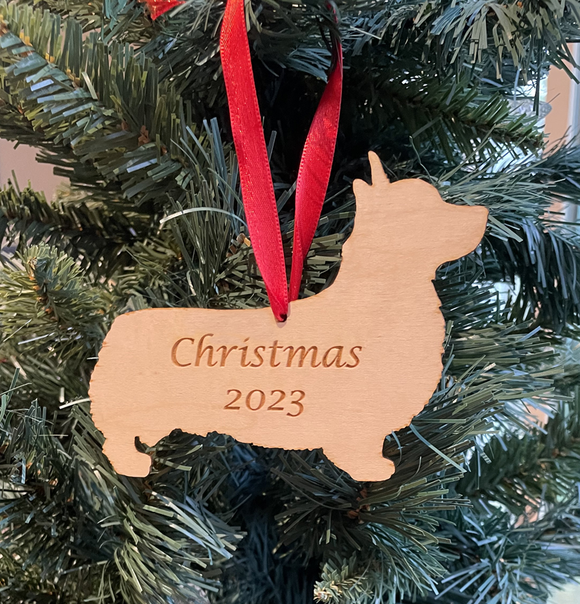 Wood laser cut engraved Pembroke Corgi  ornament with personalized engraved text. Corgi Ornament