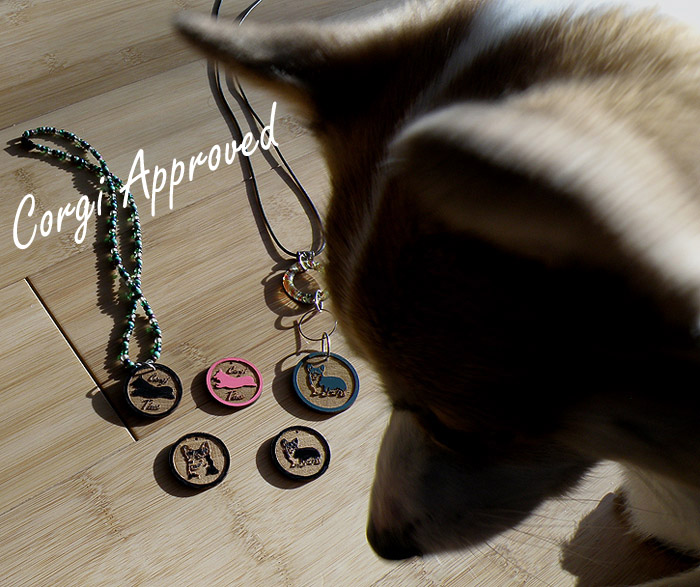 Custom engraved wood circle charm with engraved corgi design of your choice.