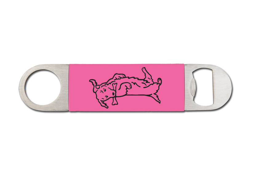 Custom engraved silicone grip bottle opener with a dog design 1 and personalized engraved text of your choice. Dog Lover's Gift