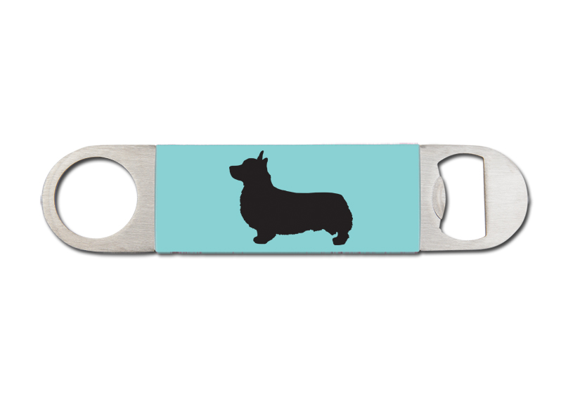 Personalized silicone grip bottle opener with a corgi design and custom engraved text of your choice.