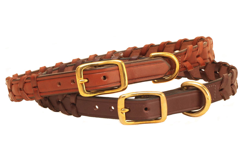 Laced leather dog collar from Tory leather comes with solid brass hardware.