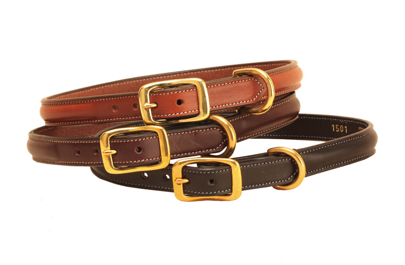 Raised leather dog collar with solid brass hardware and comes in 3 colors.