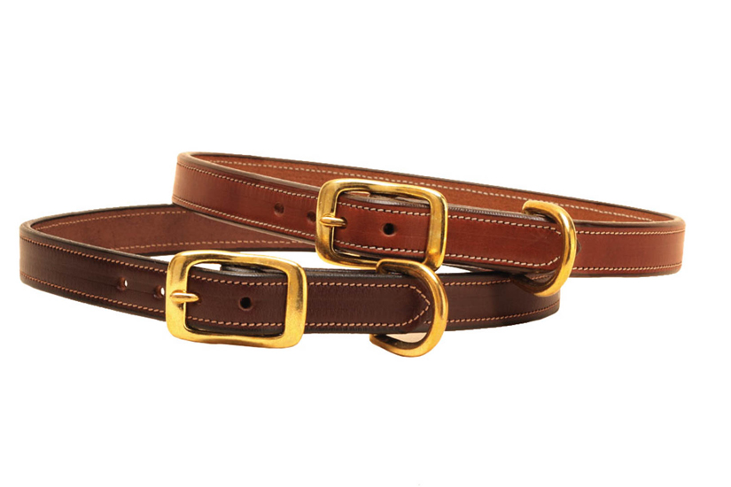 Saddle stitched leather dog collar with solid brass hardware.