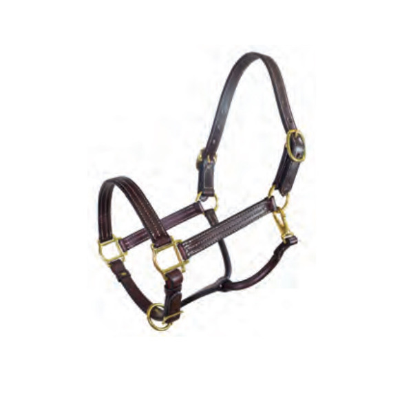 Traditional triple stitched leather horse halter with wheat colored stitching, rolled snap throat snap, adjustable chin and solid brass hardware.