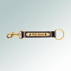 Leather nameplate key fob with brass snap and custom engraved Doberman dog design. Doberman Fob