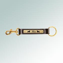 Leather nameplate key fob with brass snap and custom engraved Welsh Corgi dog design. Corgi Key Fob
