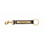 Personalized horse breed logo brass nameplate on a leather key fob with a brass bolt snap. Nameplate Key Fob