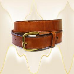 Buck brown Bridle leather stitched belt that is 1 1/2" wide with brass buckle. Tory Leather