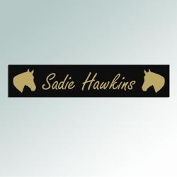 Custom engraved plastic stall nameplate for your horses' stall door with engraved horse silhouette of your choice. 85+ horse silhouettes to choose from.