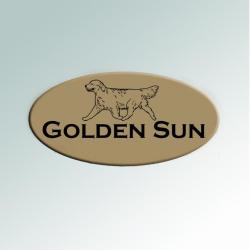 Personalized engraved plastic oval crate / kennel tags with engraved Golden Retriever design and engraved text. 80+ Golden Retriever designs to choose from.